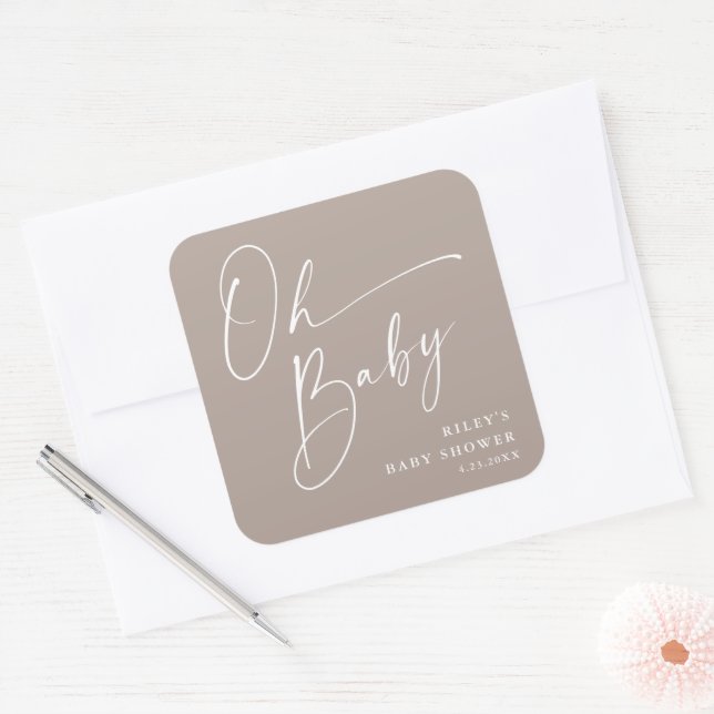 Oh Baby Script moderne neutrale Babydusche Quadratischer Aufkleber (Umschlag)