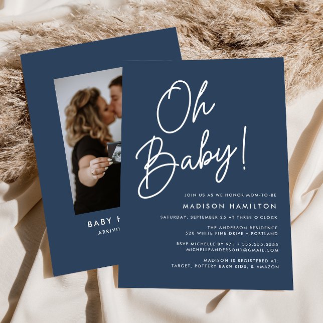 Oh Baby Script Navy Foto Babydusche Einladung (Von Creator hochgeladen)