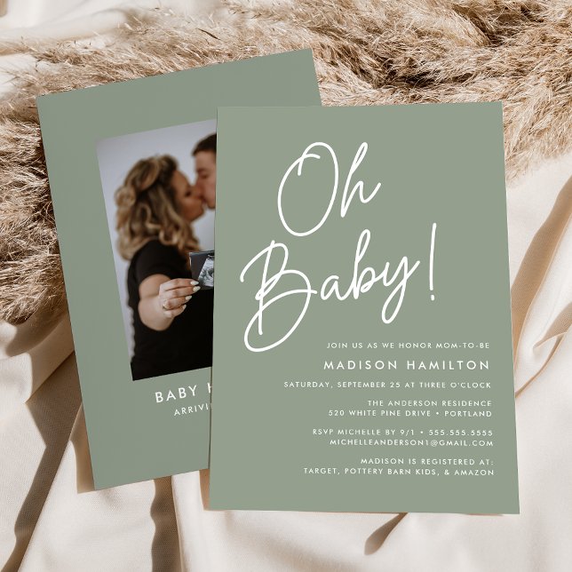 Oh Baby Script Sage Green Foto Babydusche Einladung (Von Creator hochgeladen)