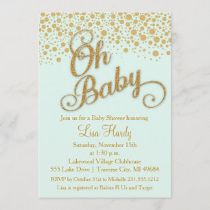 Oh Baby Shower Einladung Minze und Gold-Glitzer