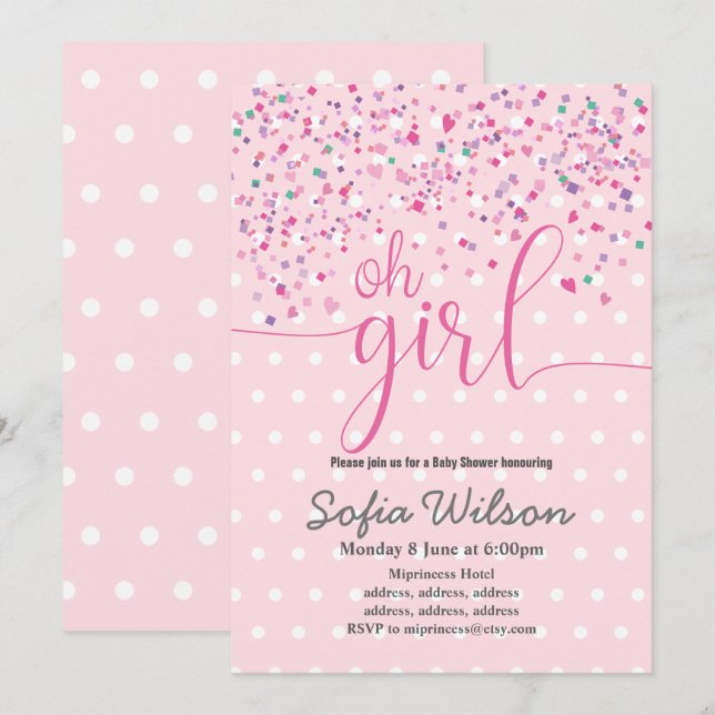 oh baby shower fille, invitation (Devant / Derrière)