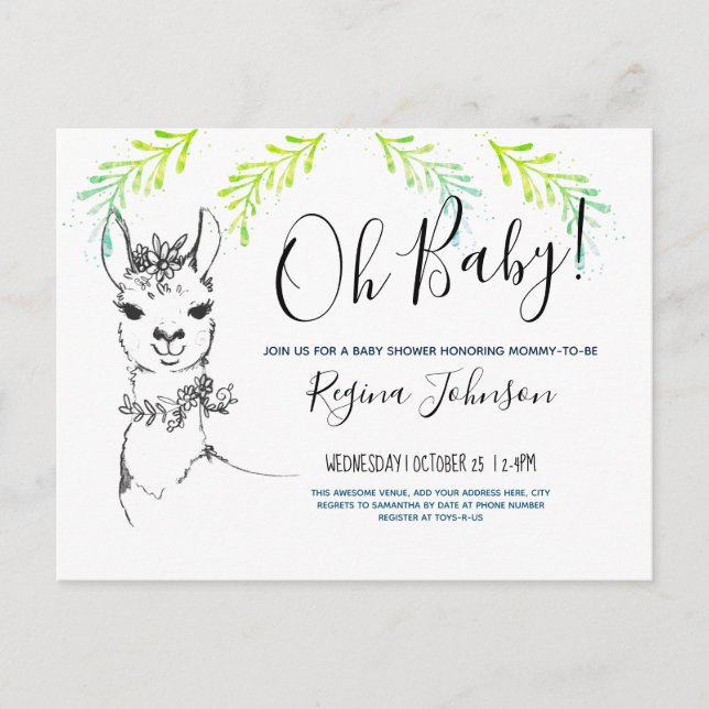 Oh Baby Shower Girl Niedlich Lama Postkarte (Vorderseite)