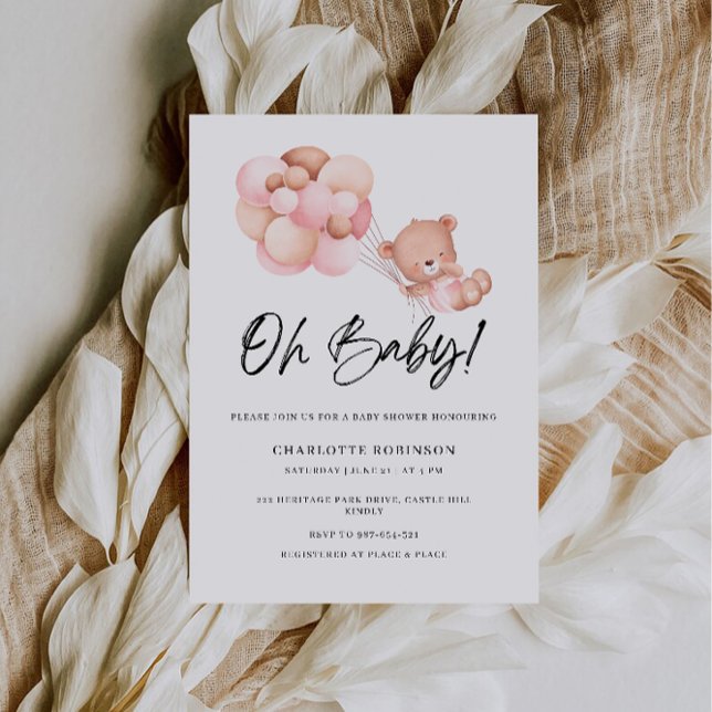 Oh Baby shower Pink Teddy Bear Balloon Invitation (Oh Baby Shower Pink Teddy Bear Balloon Invitation)