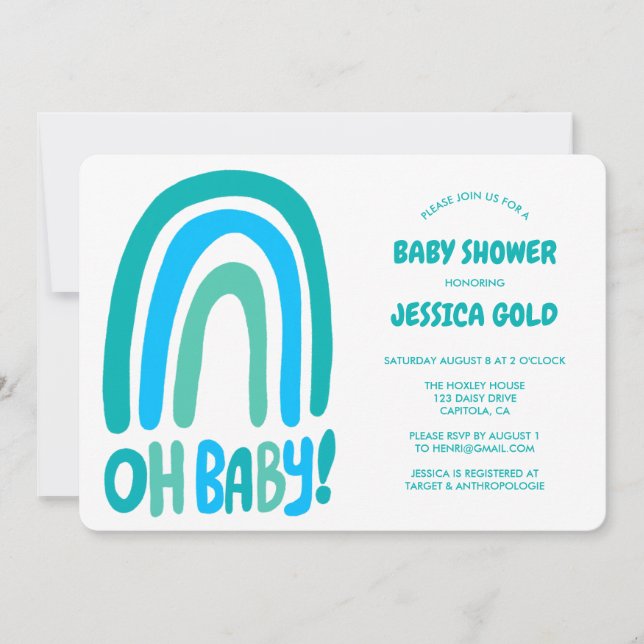 OH BABY SHOWER Sweet Blue Rainbow CUSTOM Einladung (Vorderseite)