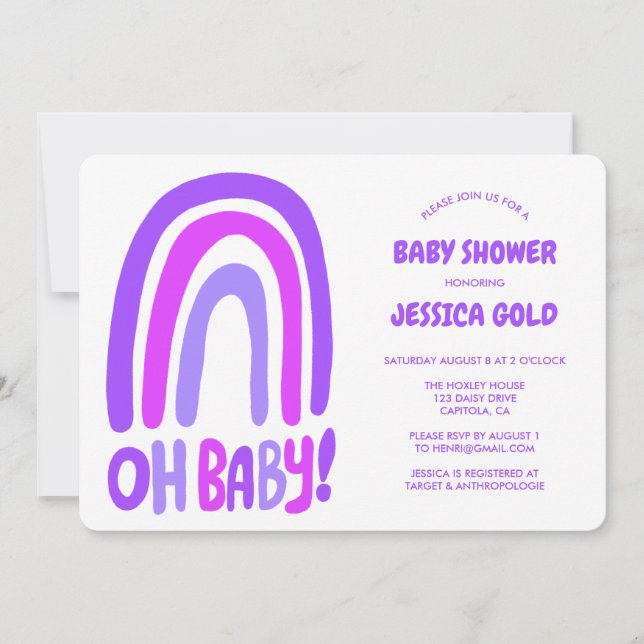 OH BABY SHOWER Sweet Lila Rainbow CUSTOM Einladung (Vorderseite)