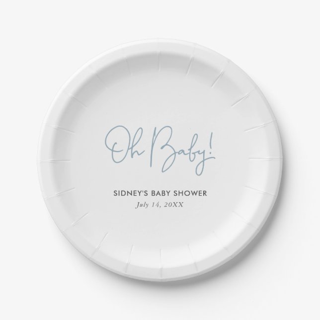 Oh Baby Sky Blue Personalisiert Baby Dusche Pappteller (Vorderseite)