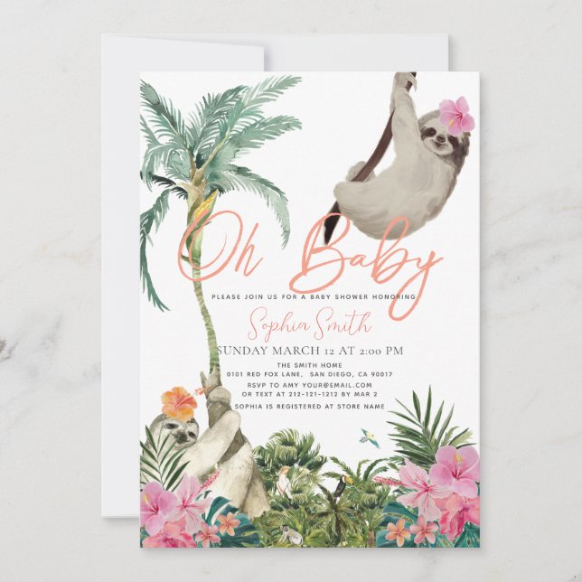 Oh Baby Sloth Floral Jungle Girl Baby Shower Einladung (Vorderseite)