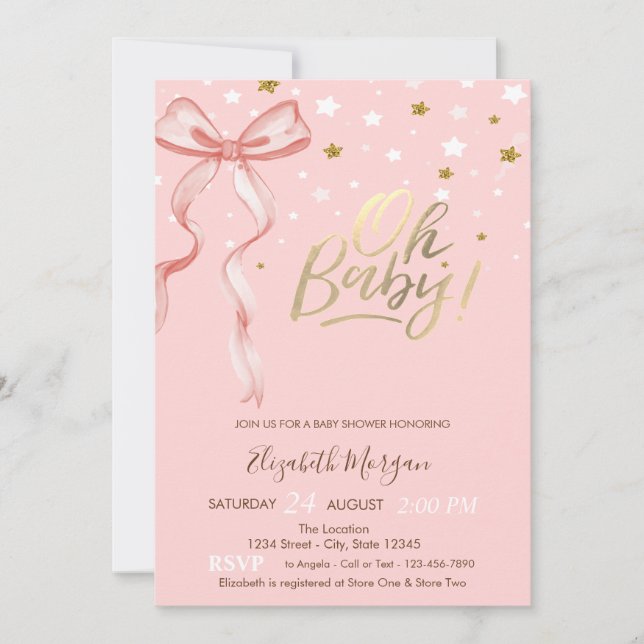 Oh Baby Stars Pink Bow Baby Dusche Einladung (Vorderseite)