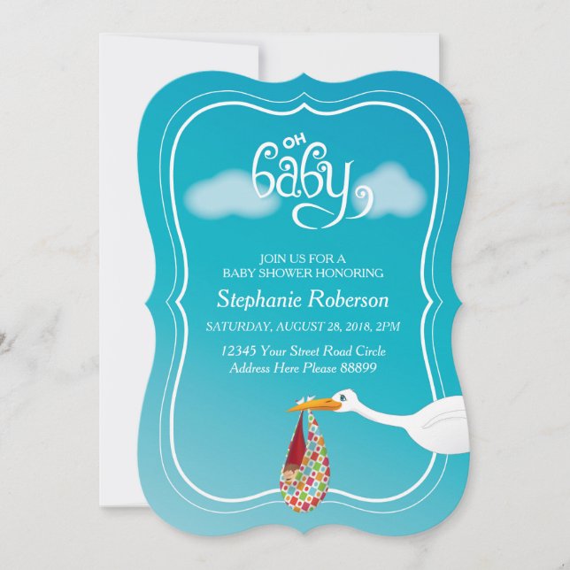 Oh, Baby! Stork Baby Dusche Einladung (Vorderseite)