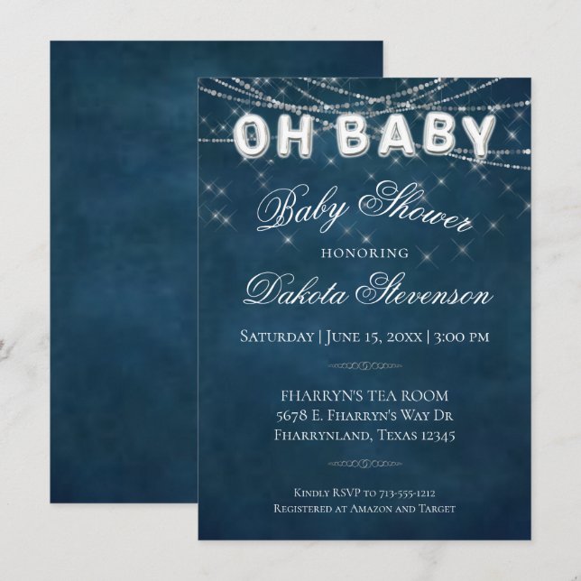 Oh Baby String Light | Dark Navy Blue Baby Balloon Einladung (Vorne/Hinten)