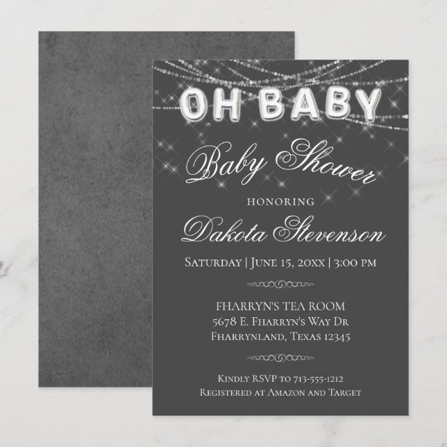 Oh Baby String Light | Dunkelgraue Ballondusche Einladung (Vorne/Hinten)