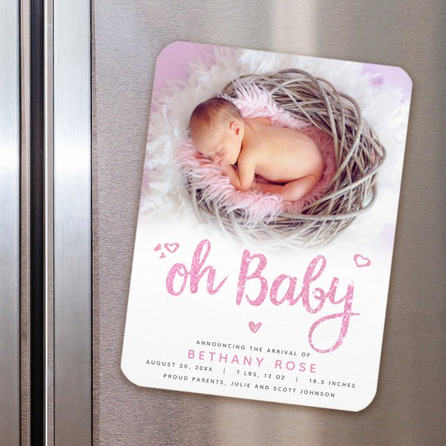 Oh Baby Sweet Chic Modern Pink Girl Birth Foto Magnet (Von Creator hochgeladen)