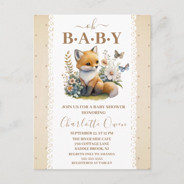 Oh Baby Sweet Foxy Baby Dusche Einladung Postkarte (Vorderseite)