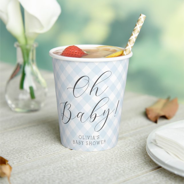 Oh Baby! Sweet Light Blue Gingham Baby Shower Pappbecher (In Situ)