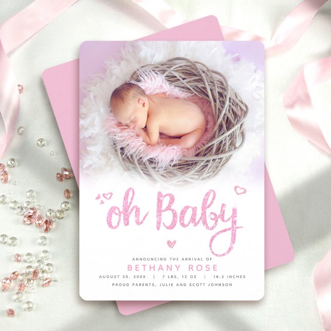 Oh Baby Sweet Modern Chic Pink Girl Birth Foto Ankündigung (Von Creator hochgeladen)