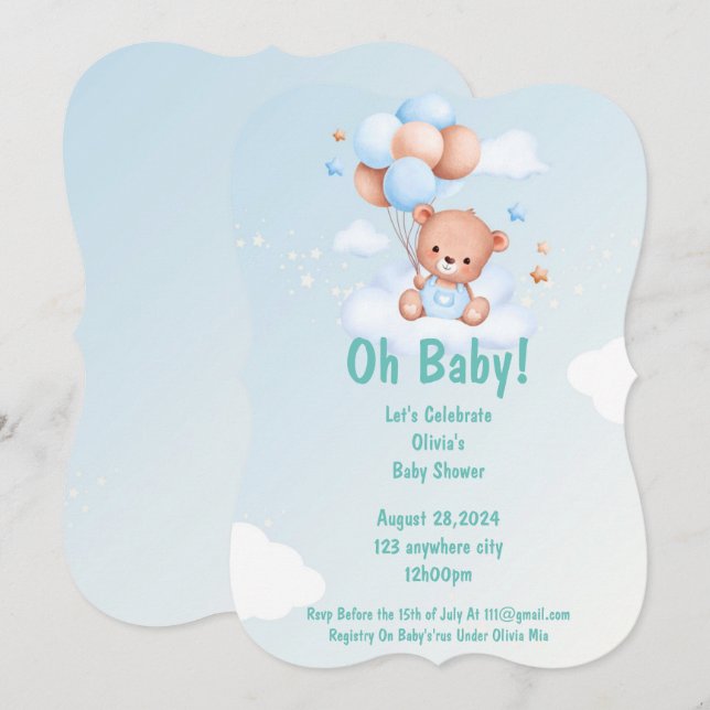 OH BABY TEDDY BEAR BABY SHOWER EINLADUNG FÜR JUNGE (Vorne/Hinten)