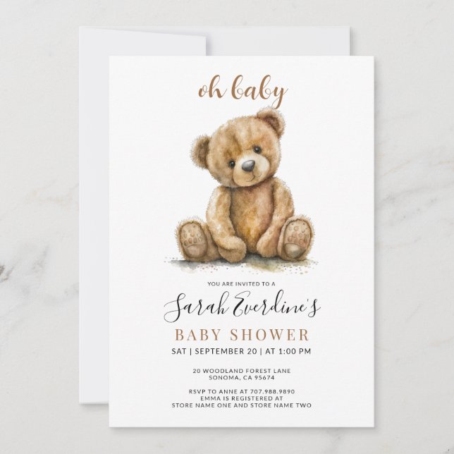 Oh Baby Teddy Bear Watercolor Babydusche Einladung (Vorderseite)