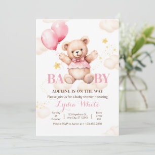 Oh Baby Teddybär mit Luftballon Mädchen Baby-Party Einladung