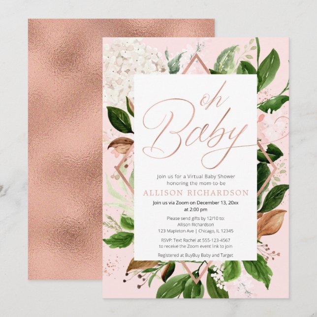Oh Baby Virtual Baby Dusche Rose goldene Vegetatio Einladung (Vorne/Hinten)
