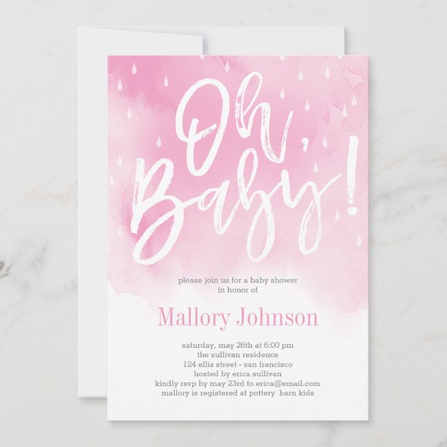 Oh Baby Watercolor Baby Dusche Einladung Pink (Vorderseite)