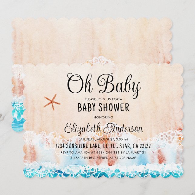 Oh Baby Watercolor Beach Baby Dusche Einladung (Vorne/Hinten)