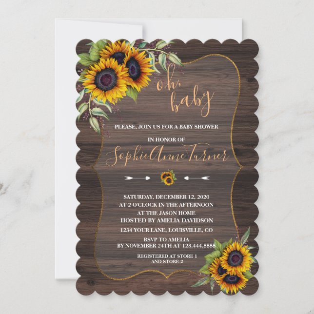 Oh BABY Watercolor Sonnenblumen Wood Baby Dusche Einladung (Vorderseite)