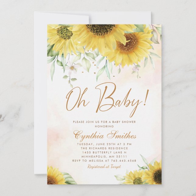 Oh Baby Watercolor Sonnenblumendusche Einladung (Vorderseite)