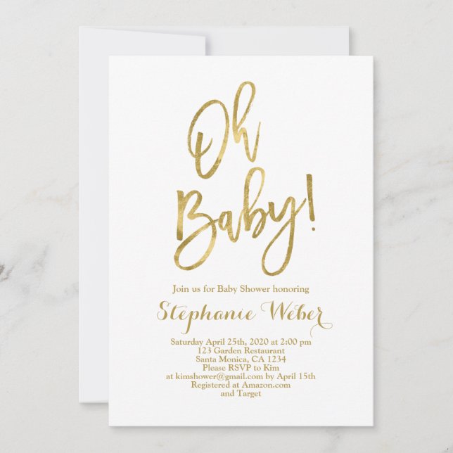 Oh Baby weiß und goldene Babydusche Einladung (Vorderseite)
