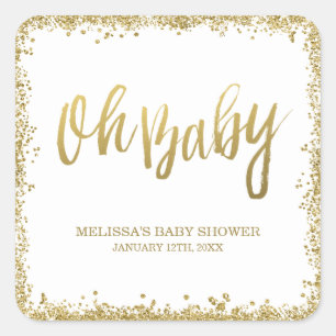 Oh Baby-weißes GoldImitat-Glitzer-Baby-Dusche Quadratischer Aufkleber