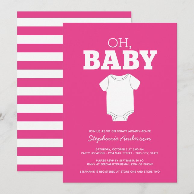Oh Baby - Whimsical T-Shirt Hot Pink Girl Dusche Einladung (Vorne/Hinten)