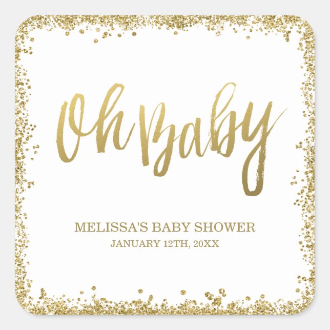 Oh Baby White Gold Imitate Glitzer Babydusche Quadratischer Aufkleber (Vorderseite)