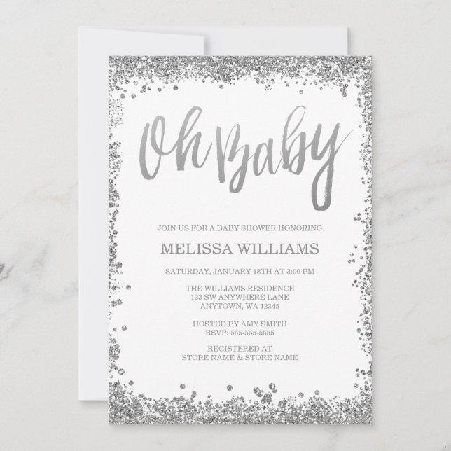 Oh Baby White Silver Glitzer Babydusche Einladung (Vorderseite)