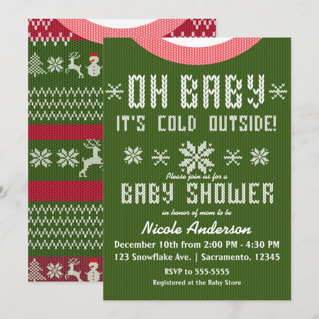 OH BABY Winter Baby Dusche Strick Sweater Red Gree Einladung (Vorne/Hinten)