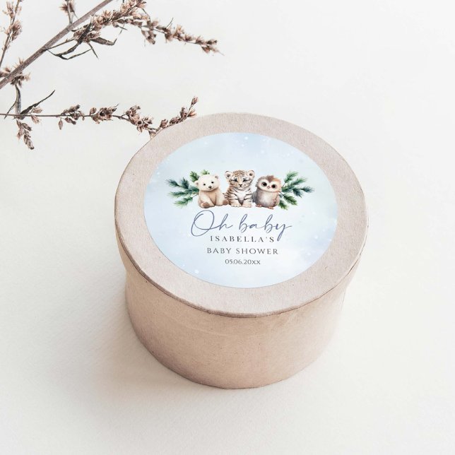 Oh Baby Winter Woodland Animals Kinderdusche Runder Aufkleber (Von Creator hochgeladen)