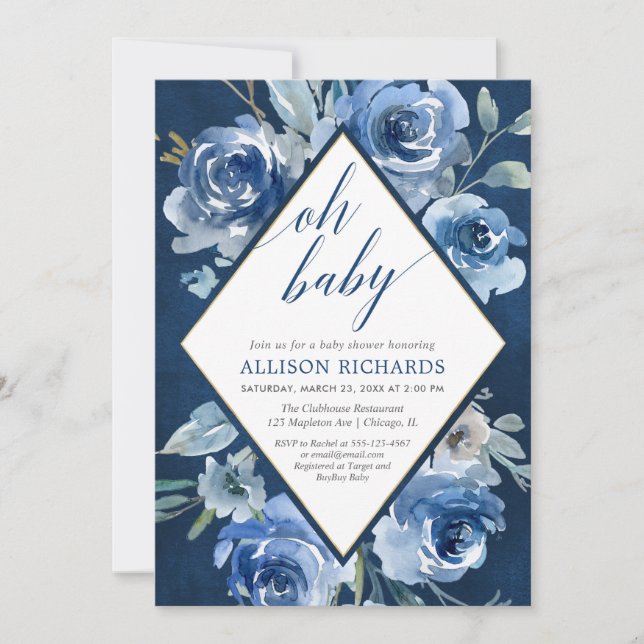 Oh BabyblaublumenAquarelljungen-Babyparty Einladung (Vorderseite)