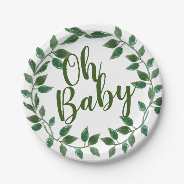 Oh Babyblumengrün-Babyparty-Pappteller Pappteller (Vorderseite)