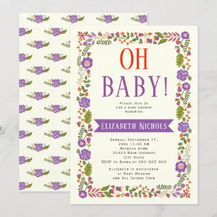 Oh Babydusche lila & orange Blumengrenze Einladung