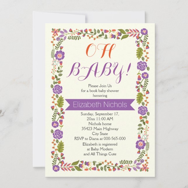 Oh Babydusche lila & orange Blumengrenze Einladung (Vorderseite)