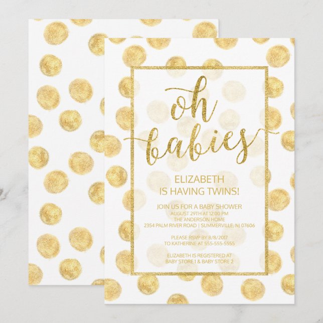 Oh Babys! Gold Dots Twins Baby Dusche Einladung (Vorne/Hinten)