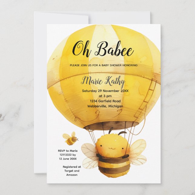 Oh Babys Heißluftballon Babydusche Niedliche Biene Einladung (Vorderseite)