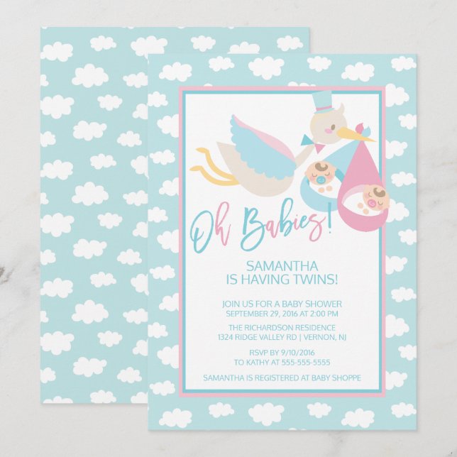 Oh Babys! Stork twin Baby Shower Einladung (Vorne/Hinten)