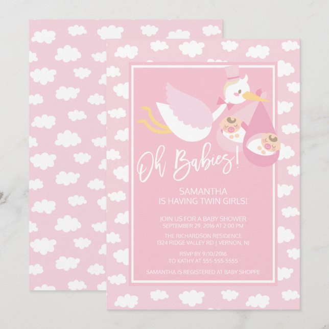 Oh Babys! Stork twin Girls Babydusche Einladung (Vorne/Hinten)