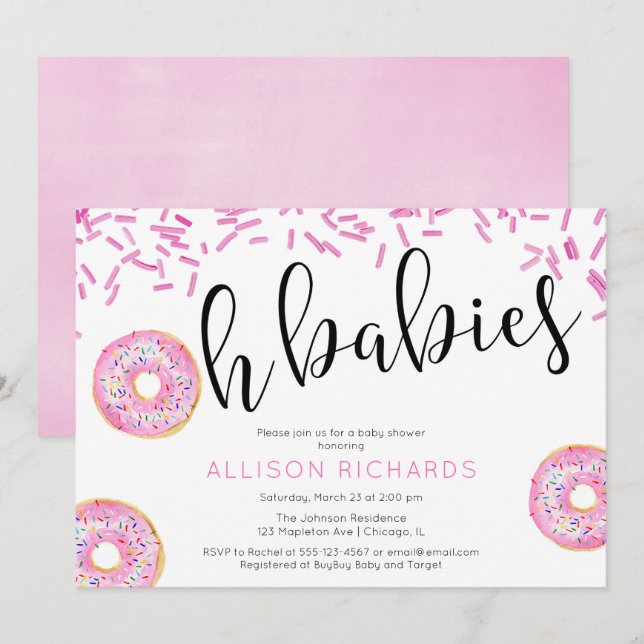 Oh Babys Zwillingsmädchen Donut Babydusche Einladung (Vorne/Hinten)