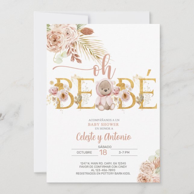 Oh bebé boho ours fille baby shower invitation esp (Devant)