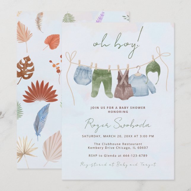 Oh Boho Aquarell Babykleidung blau Einladung (Vorne/Hinten)