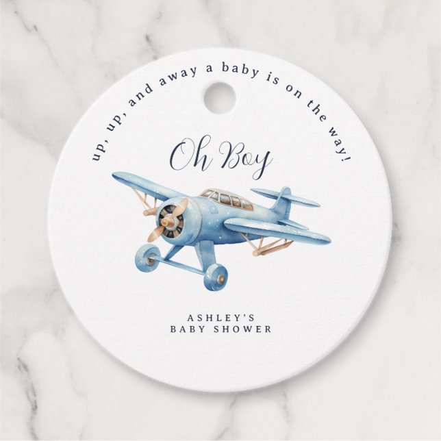 Oh Boy! Adventure Awaits Airplane Boy Baby Shower Geschenkanhänger (Vorderseite)