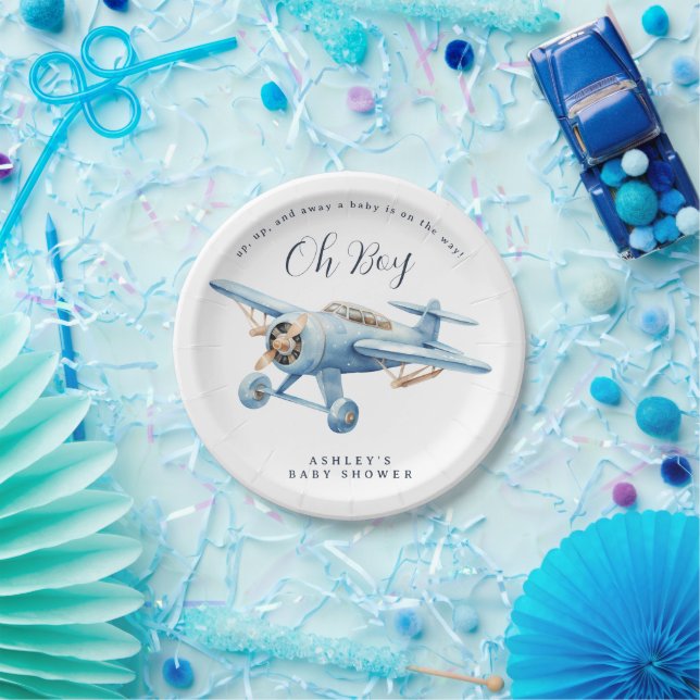 Oh Boy! Adventure Awaits Airplane Boy Baby Shower Pappteller (Party)