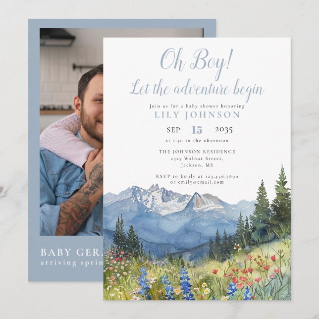 Oh Boy Adventure Begin Photo QR Code Baby Shower Einladung (Vorne/Hinten)