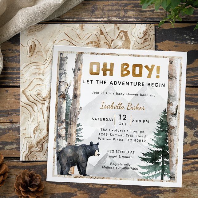 Oh Boy Adventure Begin | Square Bear Baby Dusche Einladung (Baby Shower Invite)