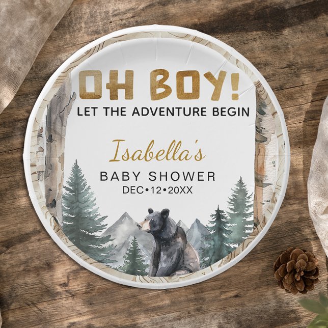 Oh Boy Adventure Begin | Woodland Bear Baby Dusche Pappteller (Baby Shower Paper Plates)